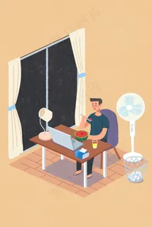 2.5d扁平风夏天室内吃西瓜