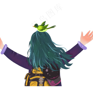 手绘小女孩和小鸟设计,免抠元素