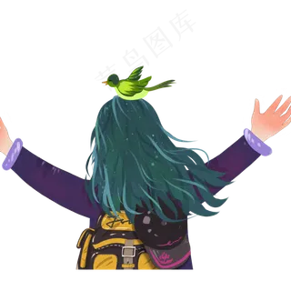 手绘小女孩和小鸟设计,免抠元素