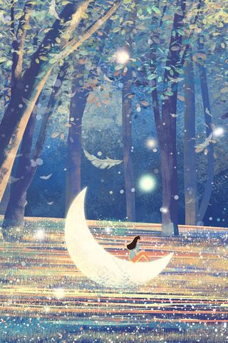 夏日晚安森林月亮治愈系风景