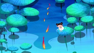 蓝色系卡通手绘风夏景荷塘锦鲤配图