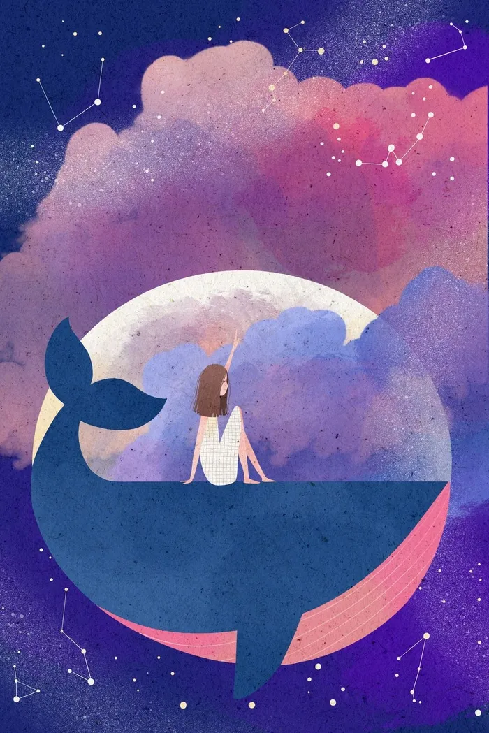 唯美星空少女和鲸鱼同游(3545*5315px 300 dpi )psd模版下载