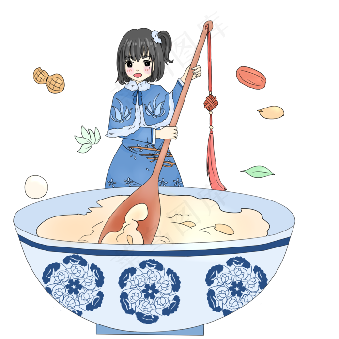 卡通可爱喝腊八粥的女孩,免抠元素