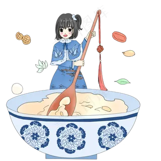 卡通可爱喝腊八粥的女孩,免抠元素