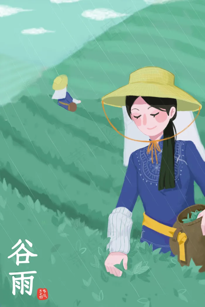 绿色系冷色调春季卡通小清新谷雨节气采茶图(3545X5315(DPI:299))psd模版下载