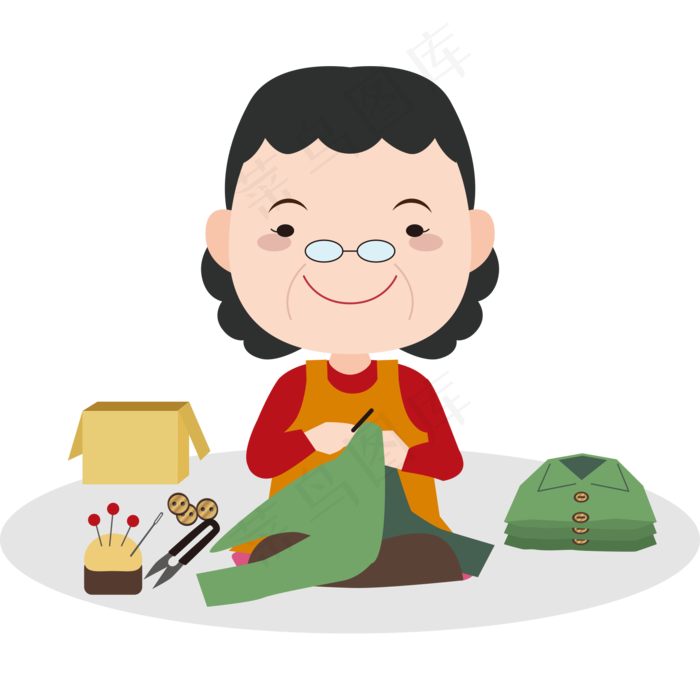 母亲节彩色卡通手绘母亲补衣服