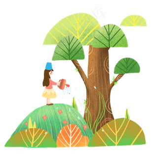手绘植树节女孩开心给树木浇水