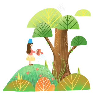 手绘植树节女孩开心给树木浇水