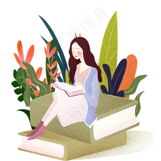 缤纷色彩女生坐在书上看书教育类,免抠元素