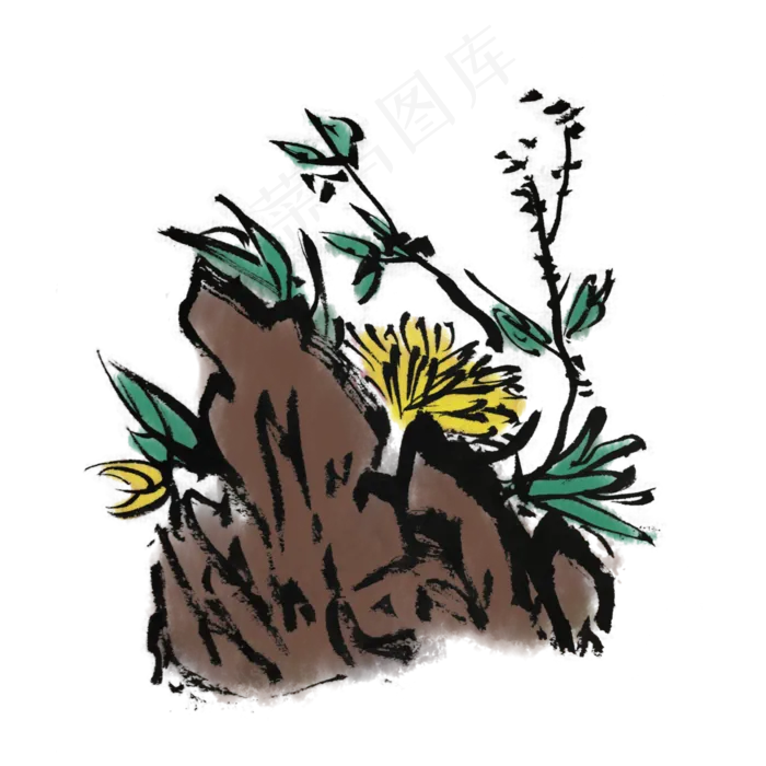 水墨画中国发手绘花草,免抠元素