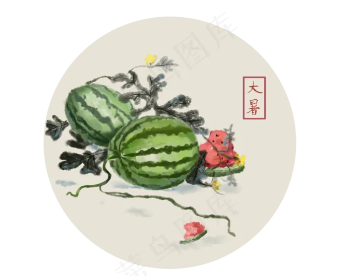 24节气大暑西瓜水墨画,免抠元素