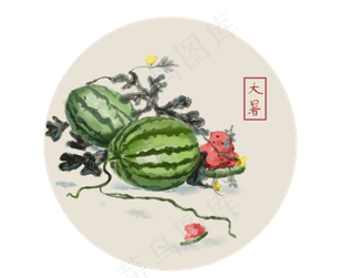 24节气大暑西瓜水墨画,免抠元素