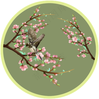 手绘花鸟壁画装饰画桃花,免抠元素