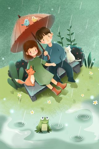 春天雨水里的小情侣