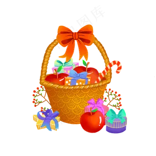 手绘平安夜苹果篮子礼物糖果场景,免抠元素