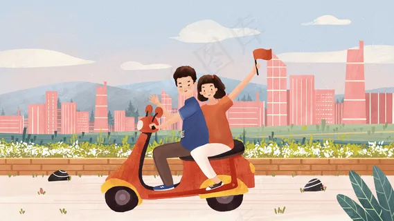 情侣国庆电动车骑行旅游温馨欢乐场景
