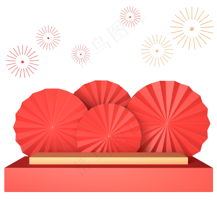 C4D红金色立体新年烟花舞台扇子免,免抠元素
