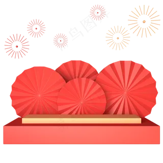 C4D红金色立体新年烟花舞台扇子免,免抠元素