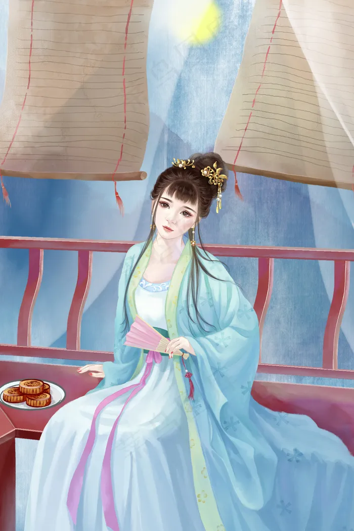 八月十五古装女子中秋节日凉亭内纳凉赏月