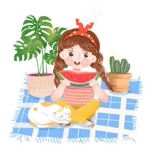 大暑吃西瓜女孩png素材