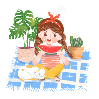 大暑吃西瓜女孩png素材