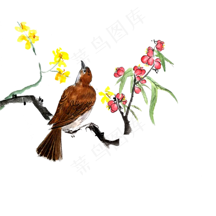 国画水墨花鸟工笔春日桃花迎春PNG,免抠元素(4000X4000(DPI:300))psd模版下载