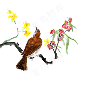 国画水墨花鸟工笔春日桃花迎春PNG,免抠元素