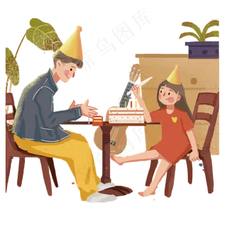 彩色创意父女吃蛋糕元素