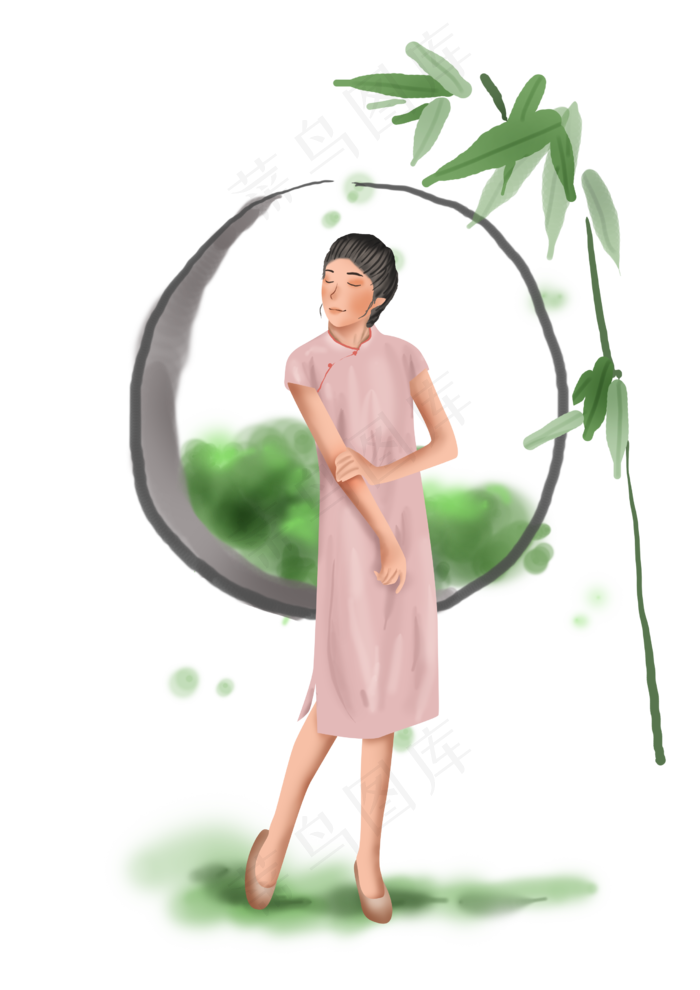 处暑公园里的女孩和竹子