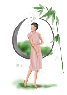 处暑公园里的女孩和竹子