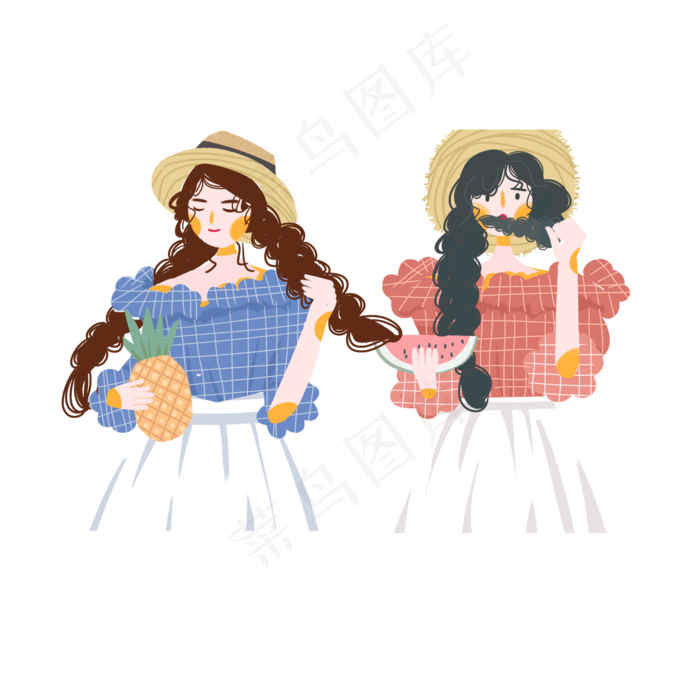 拿水果的清新卡通女孩元素