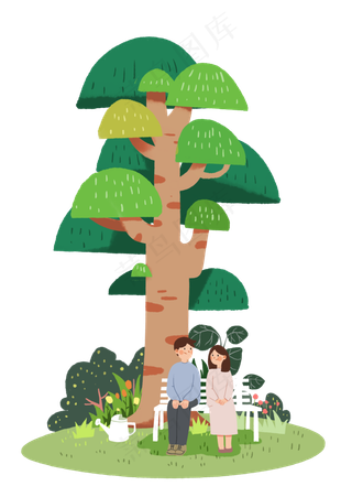 一对情侣坐在树下卡通人物手绘插,免抠元素