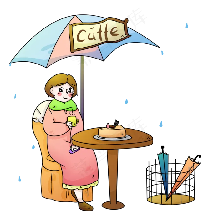 雨水节气和下午茶女孩,免抠元素(2500X2500(DPI:300))psd模版下载