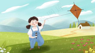 小女孩春天野外放风筝小清新