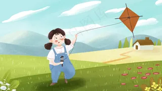 小女孩春天野外放风筝小清新