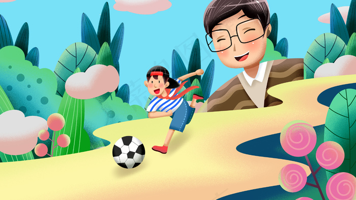 卡通手绘风父亲节父子足球配图