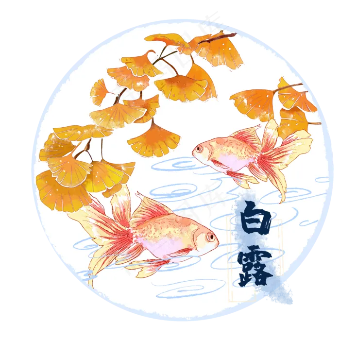 白露金鱼银杏叶水彩,免抠元素