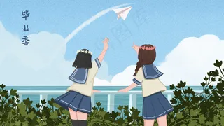 毕业季海边扔纸飞机的女学生