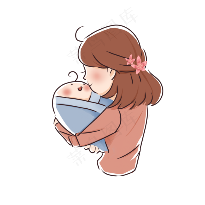 三八妇女节粉色卡通手绘母亲抱孩,免抠元素