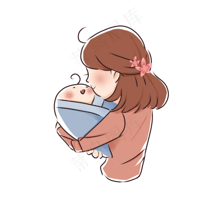 三八妇女节粉色卡通手绘母亲抱孩,免抠元素