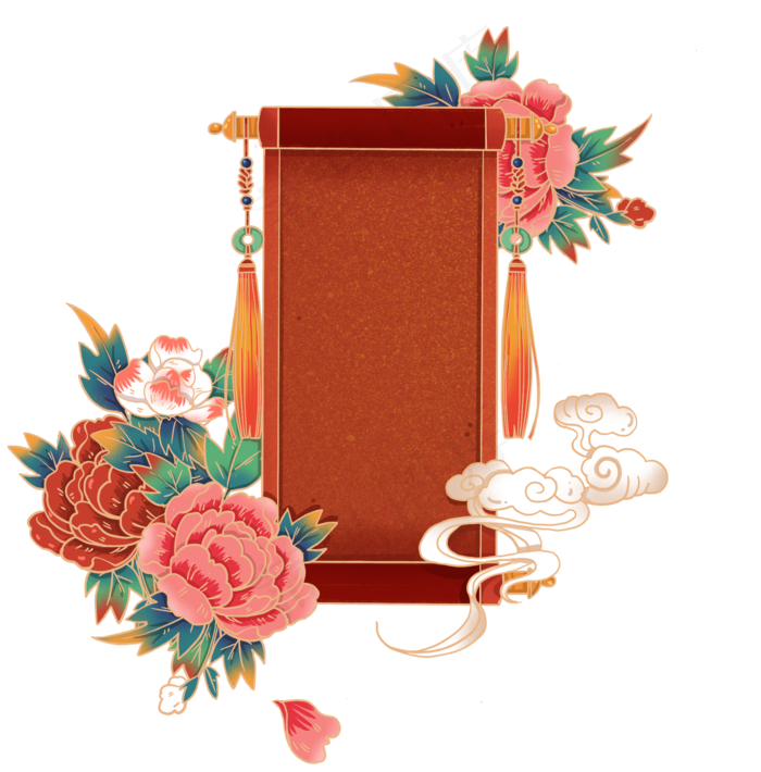 国潮风线描牡丹卷轴,免抠元素
