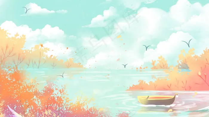橙色唯美卡通治愈清新秋季秋天秋日湖面配图(2880*1620px 300 dpi )psd模版下载