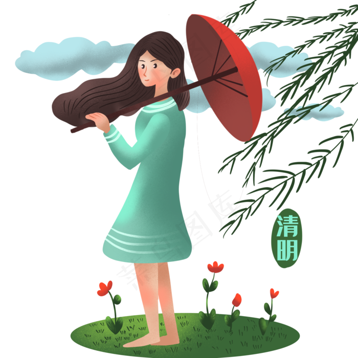 清明节打伞的小女孩