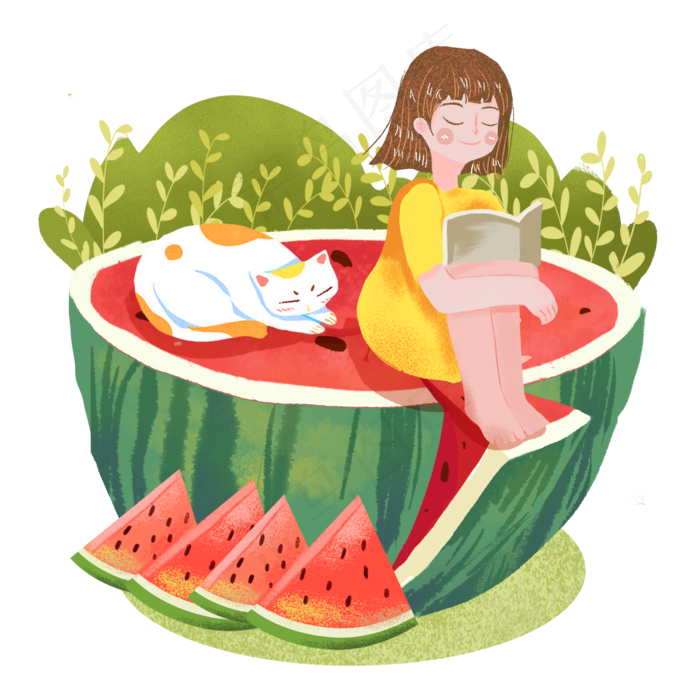 小暑坐在西瓜上女生png素材