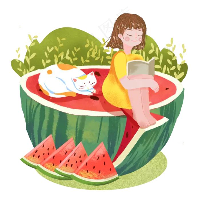 小暑坐在西瓜上女生png素材(2000X2000(DPI:300))psd模版下载