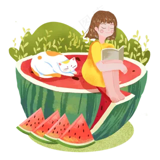 小暑坐在西瓜上女生png素材