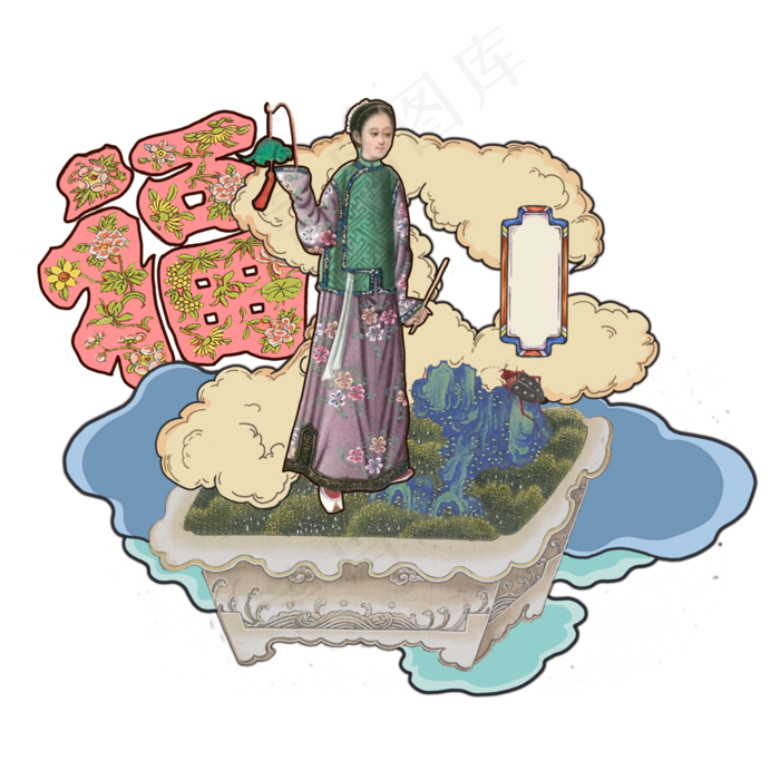 古典国潮美人美女福如意(4000X4000(DPI:300))psd模版下载