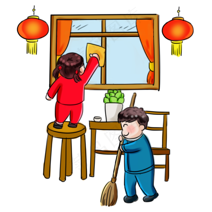 2019新年过年系列卡通手绘Q版打扫�,免抠元素(2000X2000(DPI:300))psd模版下载