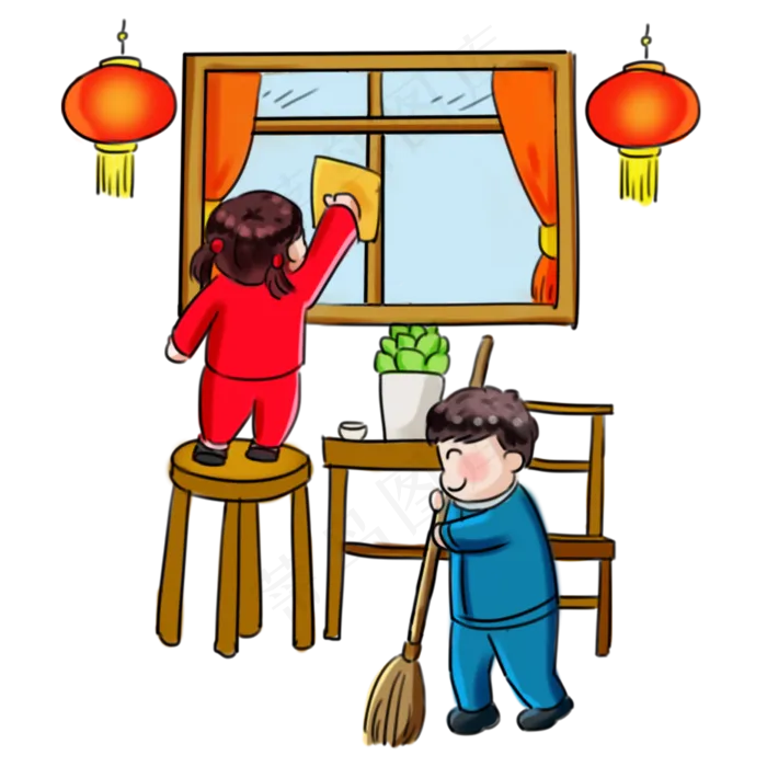 2019新年过年系列卡通手绘Q版打扫�,免抠元素(2000X2000(DPI:300))psd模版下载