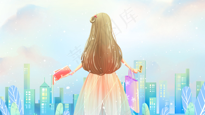 蓝色唯美卡通清新少女去购物618购物配图(2880*1620px 300 dpi )psd模版下载